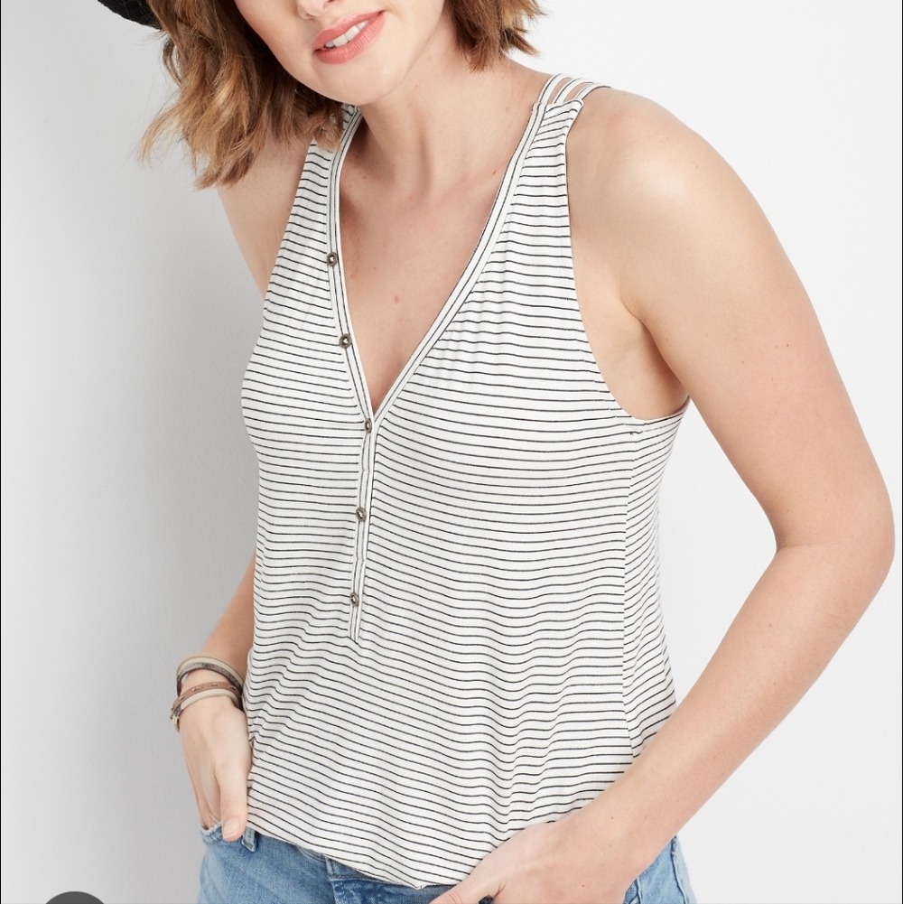 Maurices 24/7 XXL Black White Stripe Button Detail Strappy Racerback Soft Tee